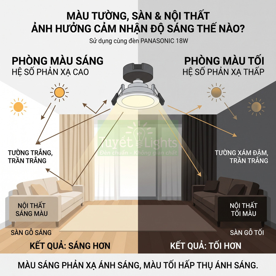 Đèn âm trần Panasonic 18W chiếu sáng phòng khách với so sánh nội thất màu sáng và màu tối
