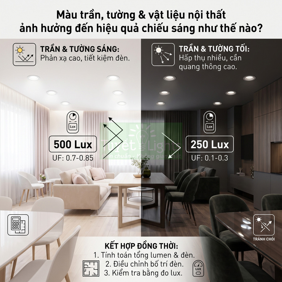 So sánh phòng khách trần tường sáng và tối với đèn âm trần, minh họa sự khác biệt độ sáng 500 lux và 250 lux