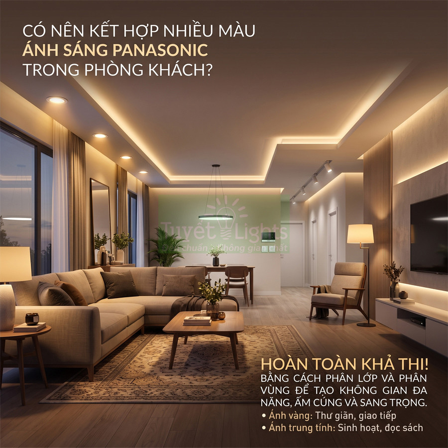 Phòng khách hiện đại sử dụng hệ thống đèn LED Panasonic nhiều màu tạo không gian ấm cúng sang trọng