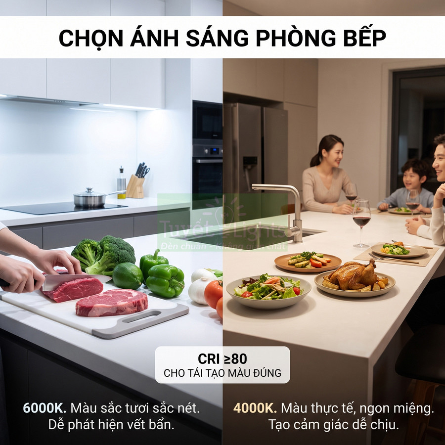So sánh ánh sáng đèn LED 6000K và 4000K cho phòng bếp với khu vực nấu ăn và bàn ăn gia đình