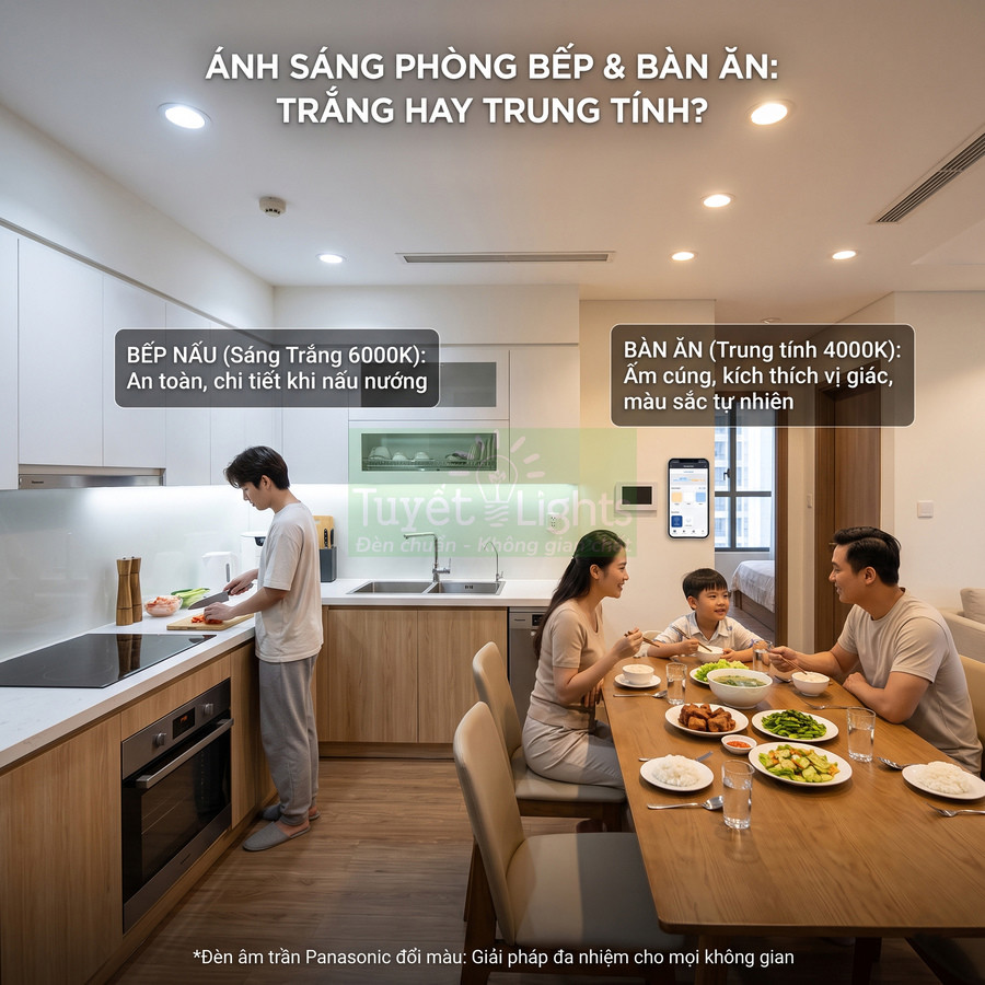Đèn âm trần Panasonic chiếu sáng phòng bếp và bàn ăn, gia đình quây quần dùng bữa trong không gian hiện đại