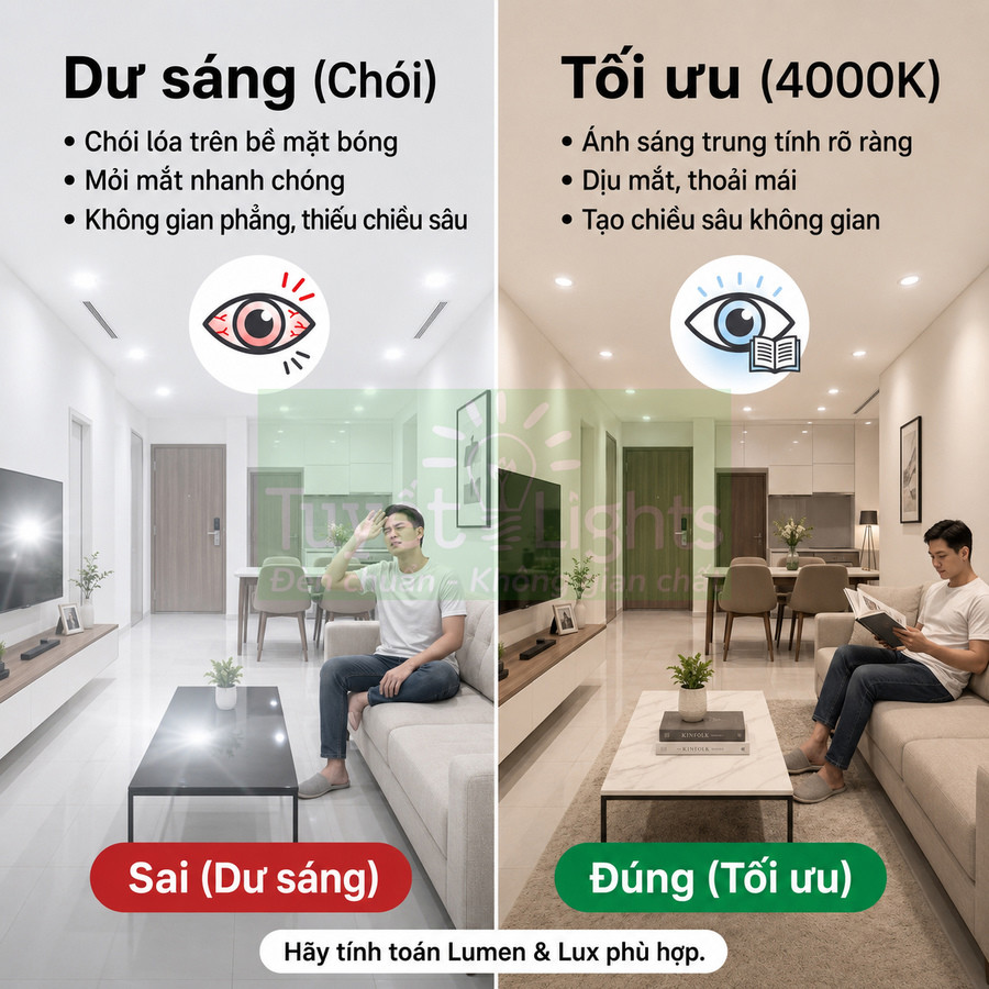 So sánh phòng khách dùng đèn LED quá sáng gây chói và đèn LED 4000K tối ưu dịu mắt, tạo không gian thoải mái