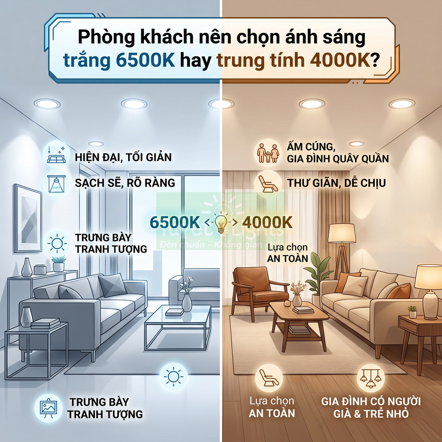 So sánh phòng khách dùng đèn LED ánh sáng trắng 6500K và ánh sáng trung tính 4000K