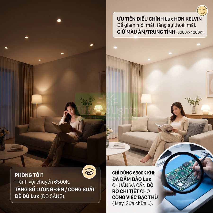 So sánh phòng khách dùng đèn LED ánh sáng vàng ấm và đèn LED trung tính, người phụ nữ đọc sách trên sofa