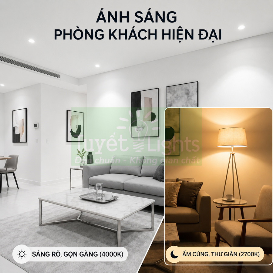 Đèn phòng khách hiện đại với hai chế độ ánh sáng trắng 4000K và vàng 2700K cho không gian sáng và thư giãn