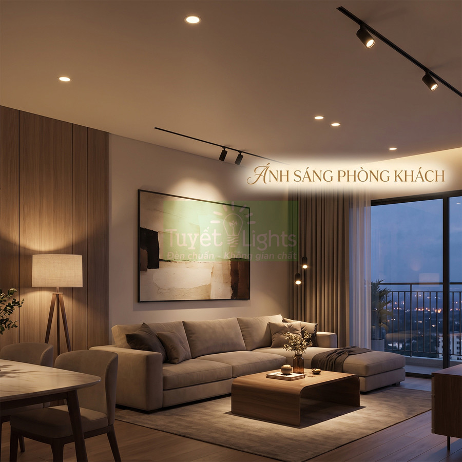 Đèn trần và đèn rọi Tuyết Lights chiếu sáng phòng khách hiện đại với sofa chữ L và bàn gỗ