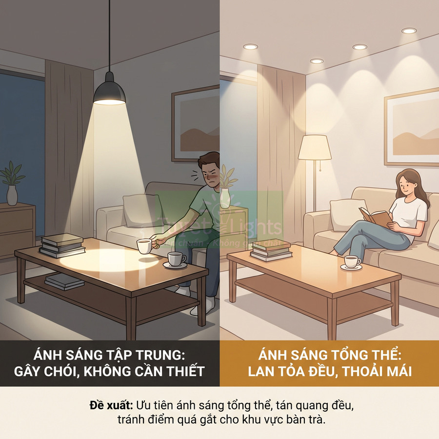So sánh ánh sáng đèn trần tập trung và đèn âm trần ánh sáng tổng thể cho phòng khách, khu vực bàn trà