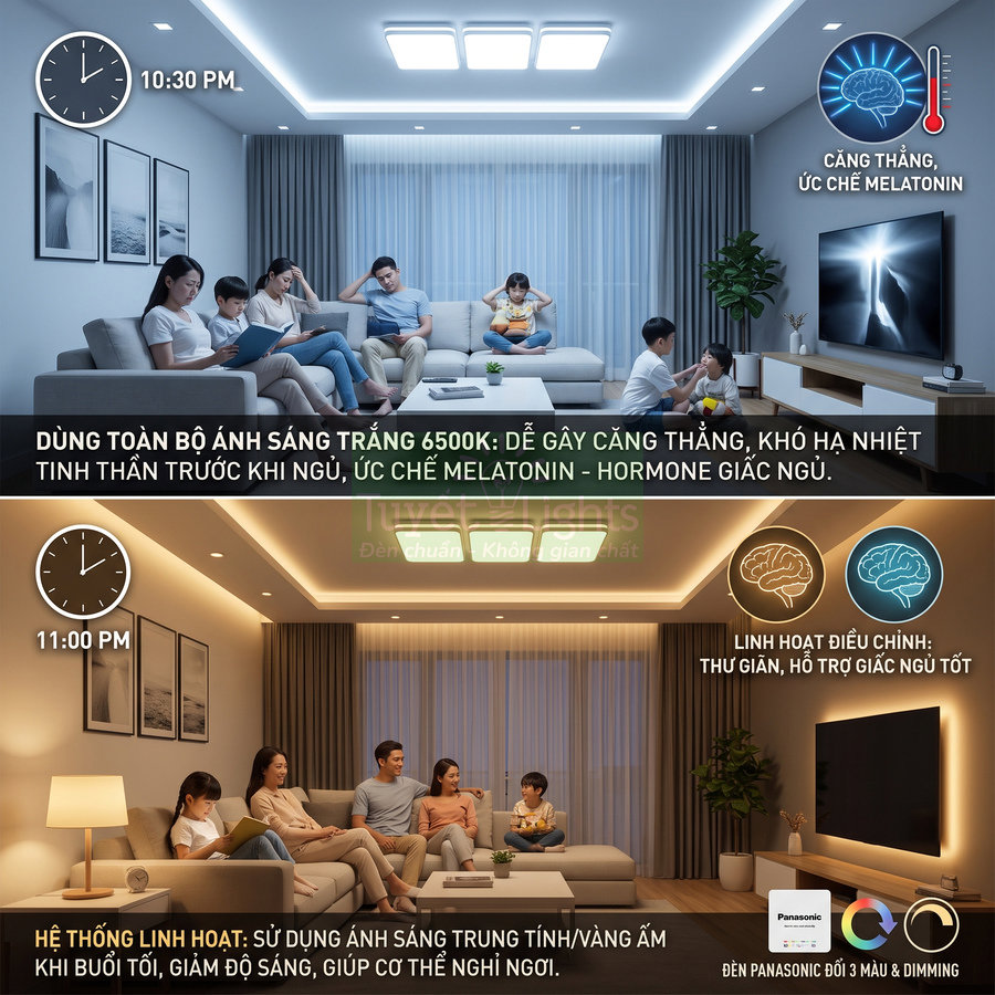Phòng khách gia đình dùng đèn trần Panasonic đổi 3 màu và dimming, so sánh ánh sáng trắng 6500K và ánh sáng vàng ấm buổi tối