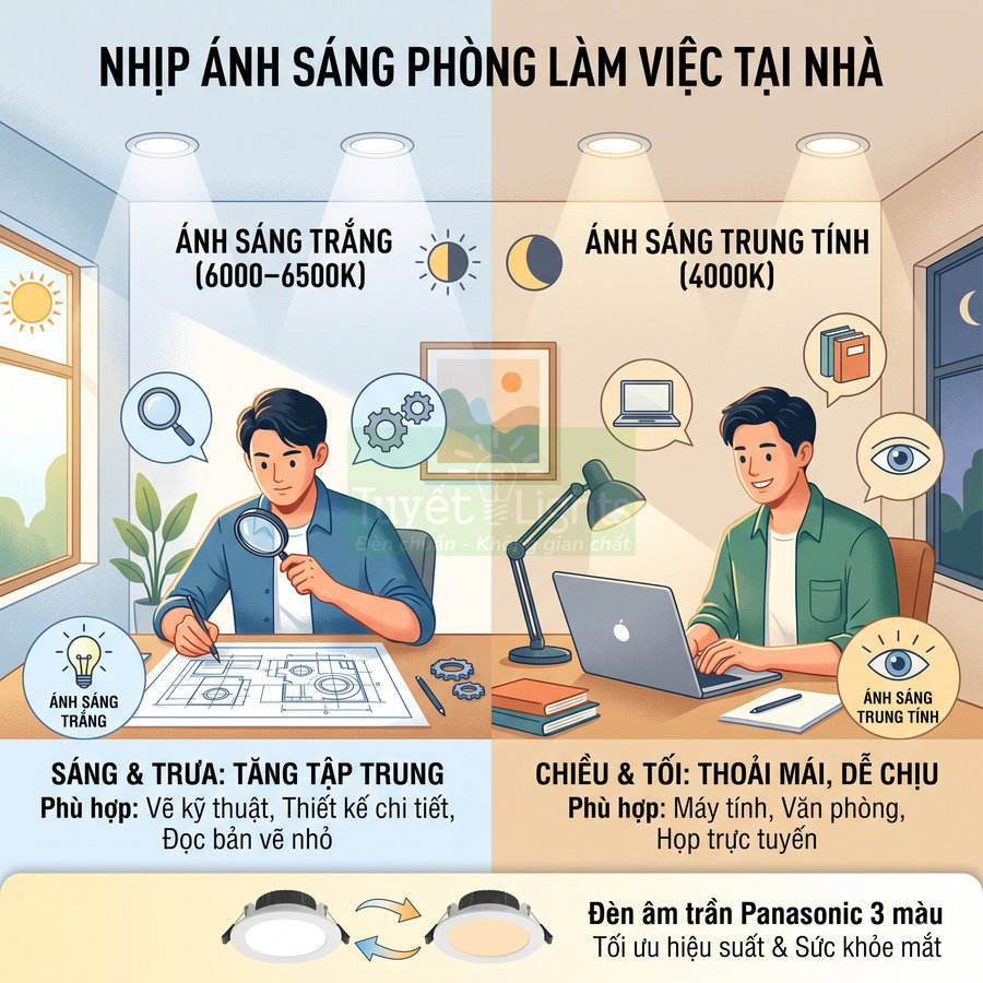 Đèn âm trần Panasonic 3 màu cho phòng làm việc tại nhà với ánh sáng trắng và ánh sáng trung tính