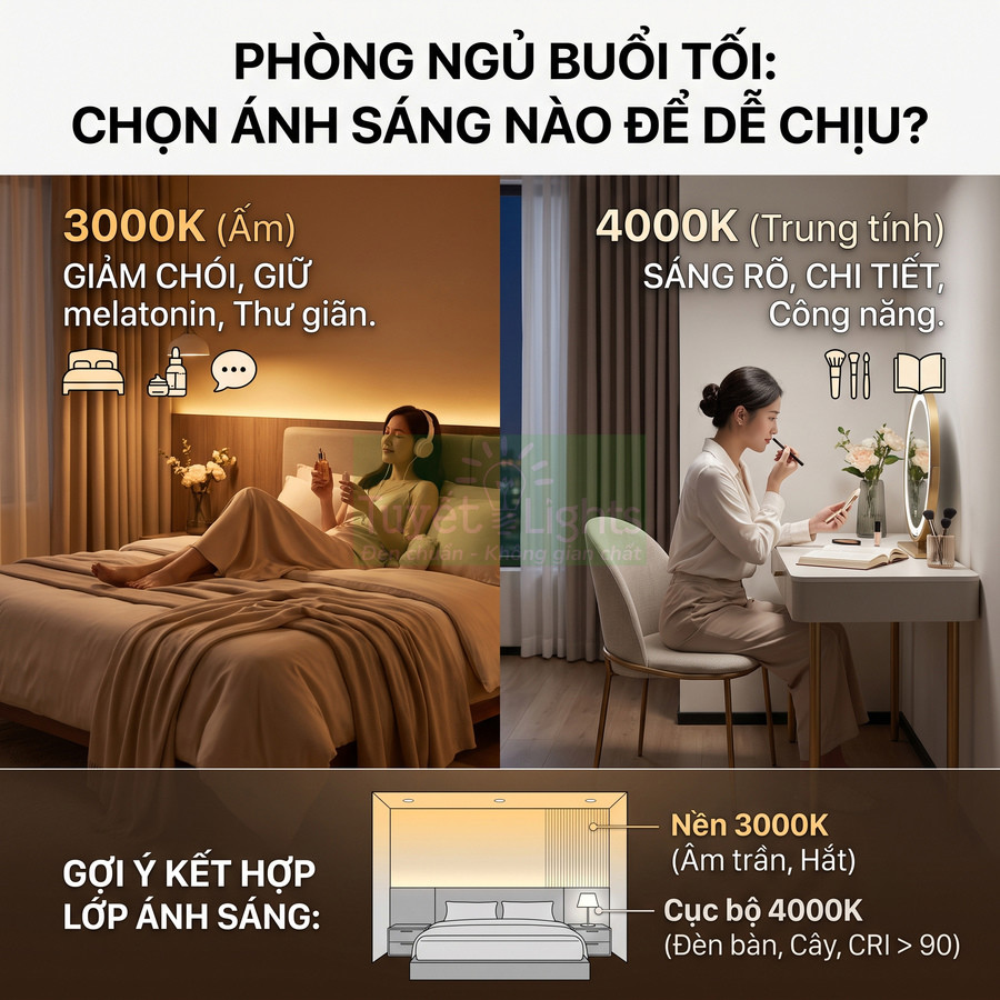 So sánh ánh sáng phòng ngủ 3000K ấm thư giãn và 4000K trung tính sáng rõ cho giường ngủ và bàn trang điểm