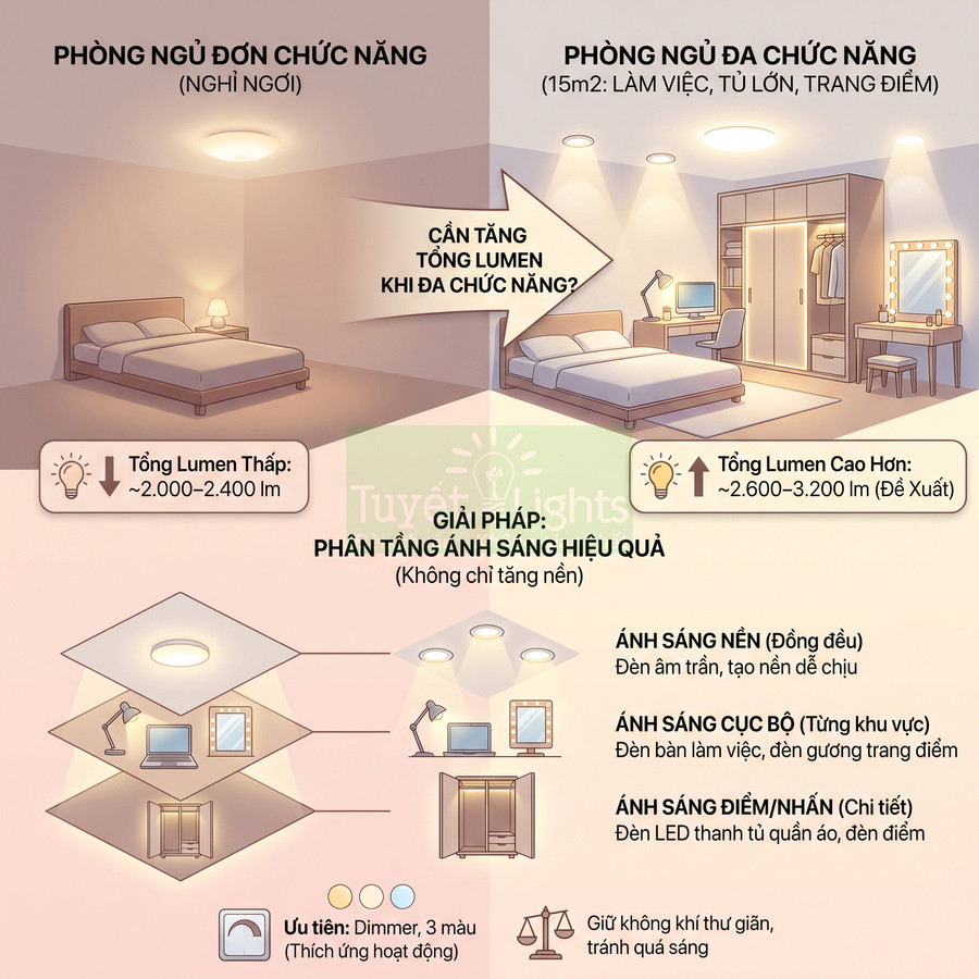 Minh họa bố trí đèn trần, đèn bàn, đèn gương và đèn tủ quần áo cho phòng ngủ đa chức năng