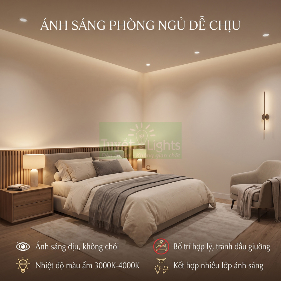 Phòng ngủ hiện đại với hệ thống đèn ngủ và đèn âm trần ánh sáng vàng dịu dễ chịu