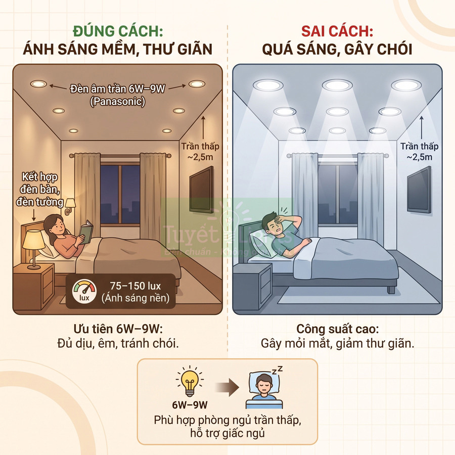 So sánh phòng ngủ dùng đèn âm trần Panasonic 6W 9W ánh sáng ấm thư giãn với phòng dùng đèn trần quá sáng gây chói