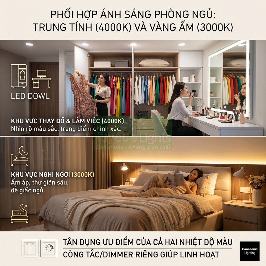Đèn LED Panasonic Lighting cho phòng ngủ với ánh sáng trung tính 4000K khu thay đồ và vàng ấm 3000K khu nghỉ ngơi