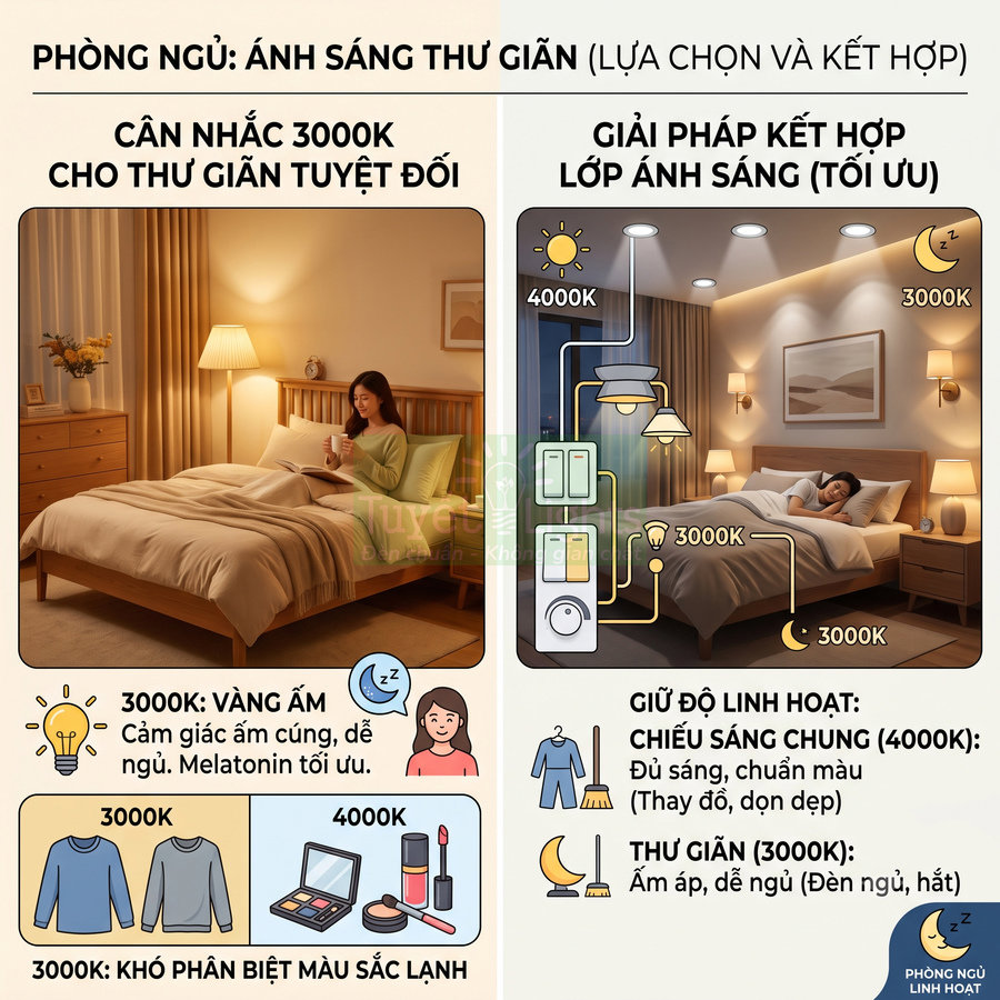 Giải pháp đèn ngủ phòng ngủ ánh sáng vàng 3000K và 4000K cho chiếu sáng chung và thư giãn linh hoạt
