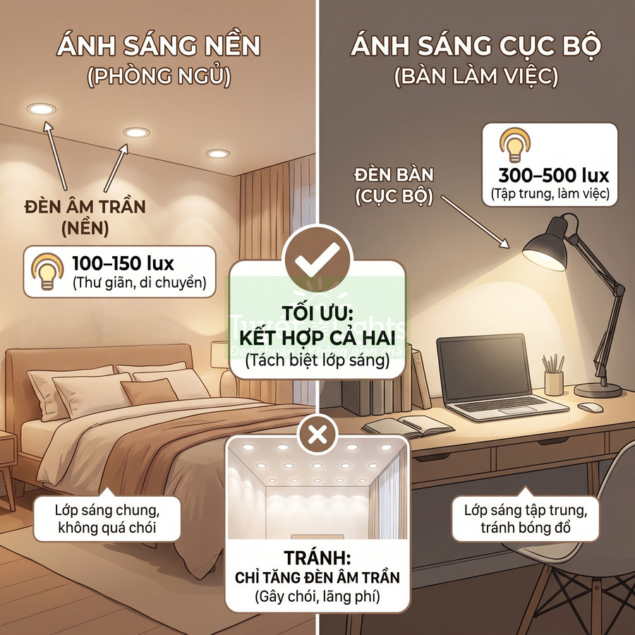 Minh họa so sánh ánh sáng nền phòng ngủ và đèn bàn làm việc, gợi ý kết hợp chiếu sáng chung và cục bộ tối ưu
