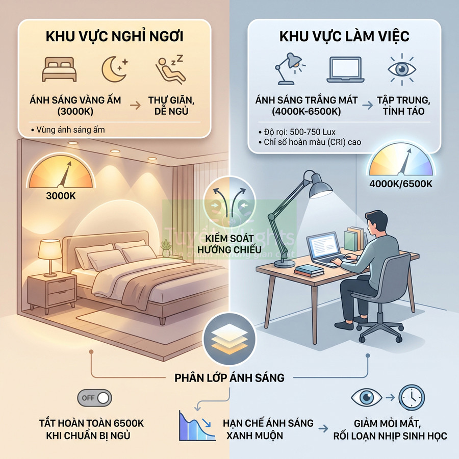 Minh họa bố trí ánh sáng vàng 3000K cho phòng ngủ và ánh sáng trắng 4000K 6500K cho bàn làm việc