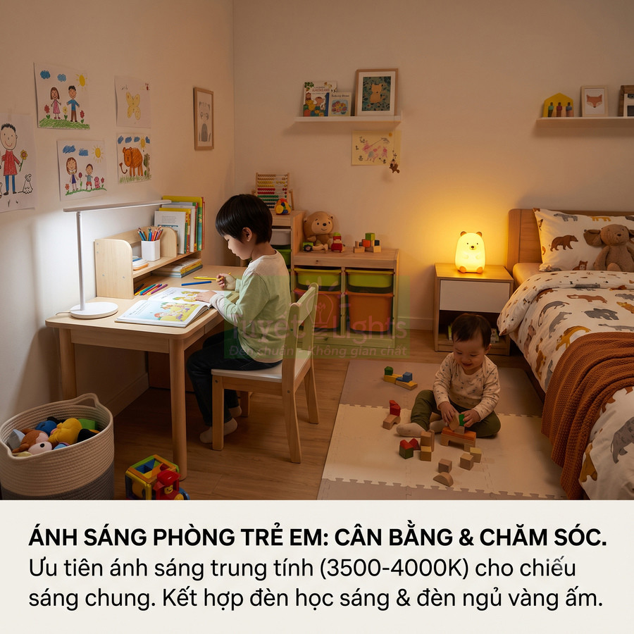 Đèn bàn học và đèn ngủ vàng ấm trong phòng trẻ em, bé ngồi học và bé chơi đồ gỗ trên sàn