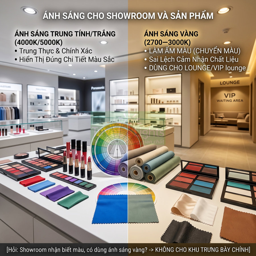 Bàn trưng bày mỹ phẩm và mẫu vải trong showroom, so sánh ánh sáng trắng trung tính và ánh sáng vàng cho sản phẩm