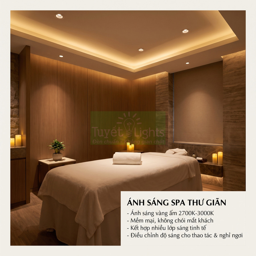 Phòng spa thư giãn với đèn Tuyết Lights ánh sáng vàng ấm chiếu trên giường massage và nến trang trí