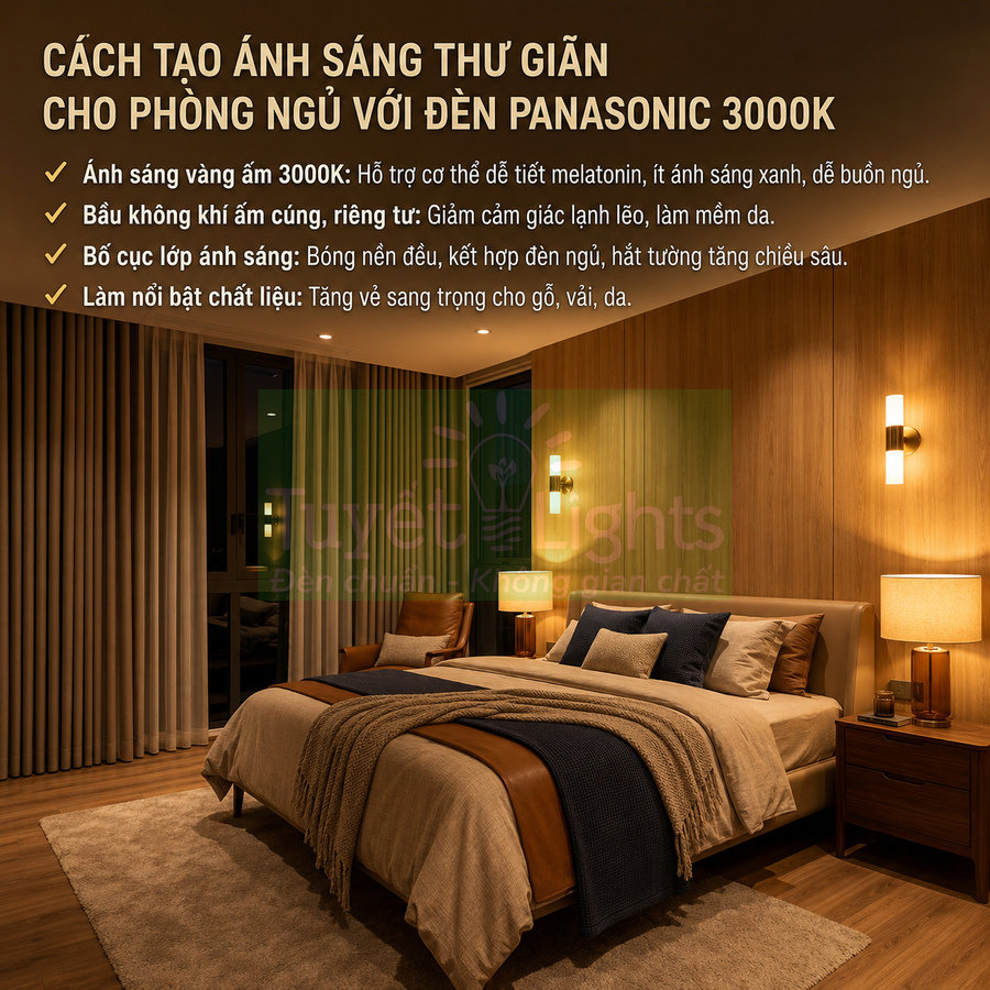 Phòng ngủ ấm cúng sử dụng đèn Panasonic 3000K ánh sáng vàng thư giãn trên tường và bàn đầu giường