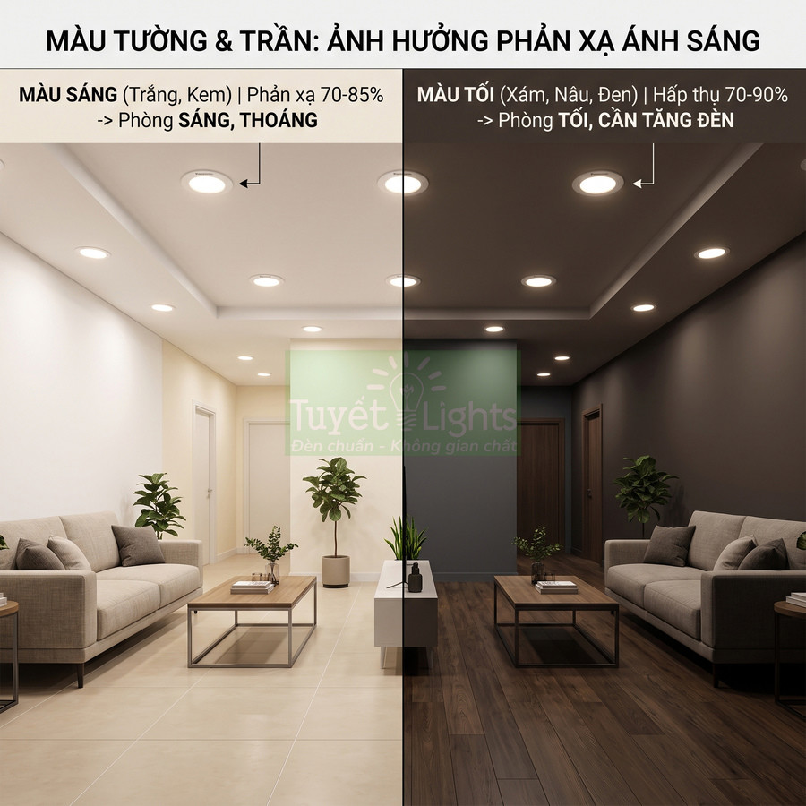 Phòng khách dùng đèn âm trần Tuyết Lights so sánh tường trần màu sáng và màu tối ảnh hưởng độ sáng