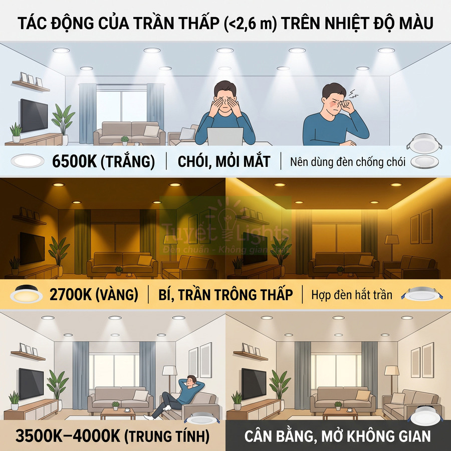 So sánh đèn LED âm trần 6500K, 2700K và 3500–4000K cho trần thấp, minh họa độ chói và cảm giác không gian