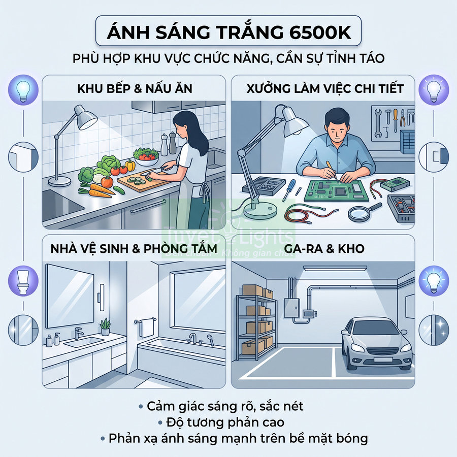 Ứng dụng đèn LED ánh sáng trắng 6500K cho bếp, phòng tắm, xưởng làm việc, ga ra và kho