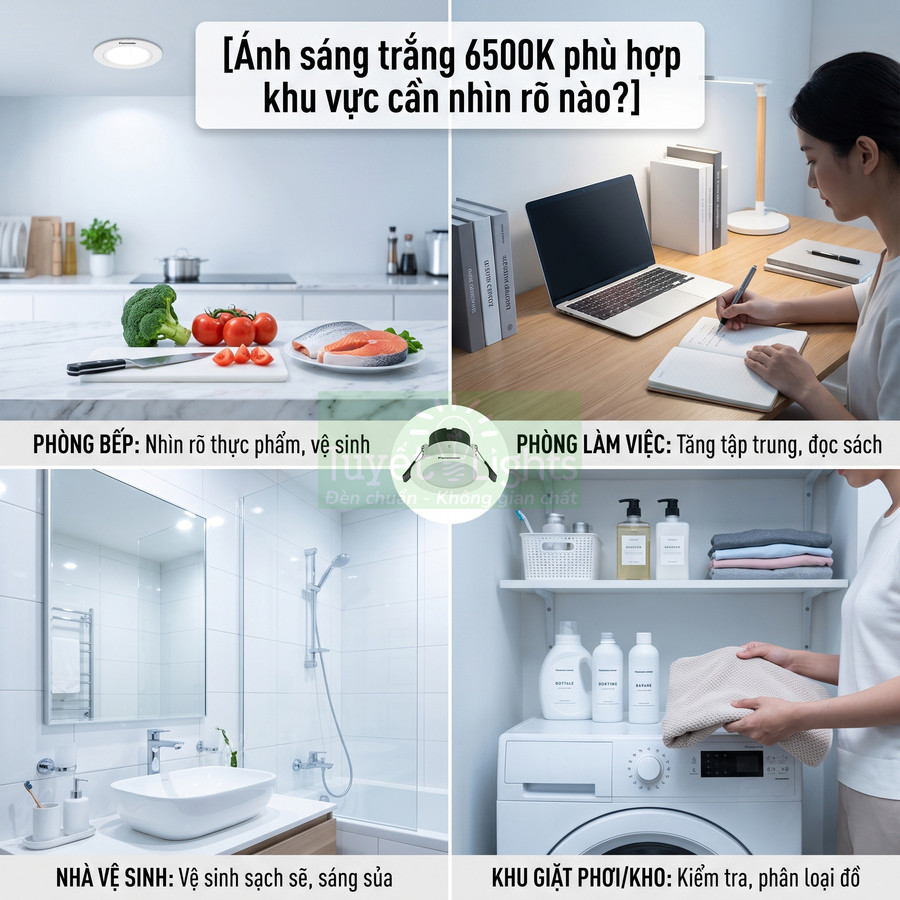 Ứng dụng ánh sáng trắng 6500K cho phòng bếp, phòng làm việc, nhà vệ sinh và khu giặt phơi trong nhà