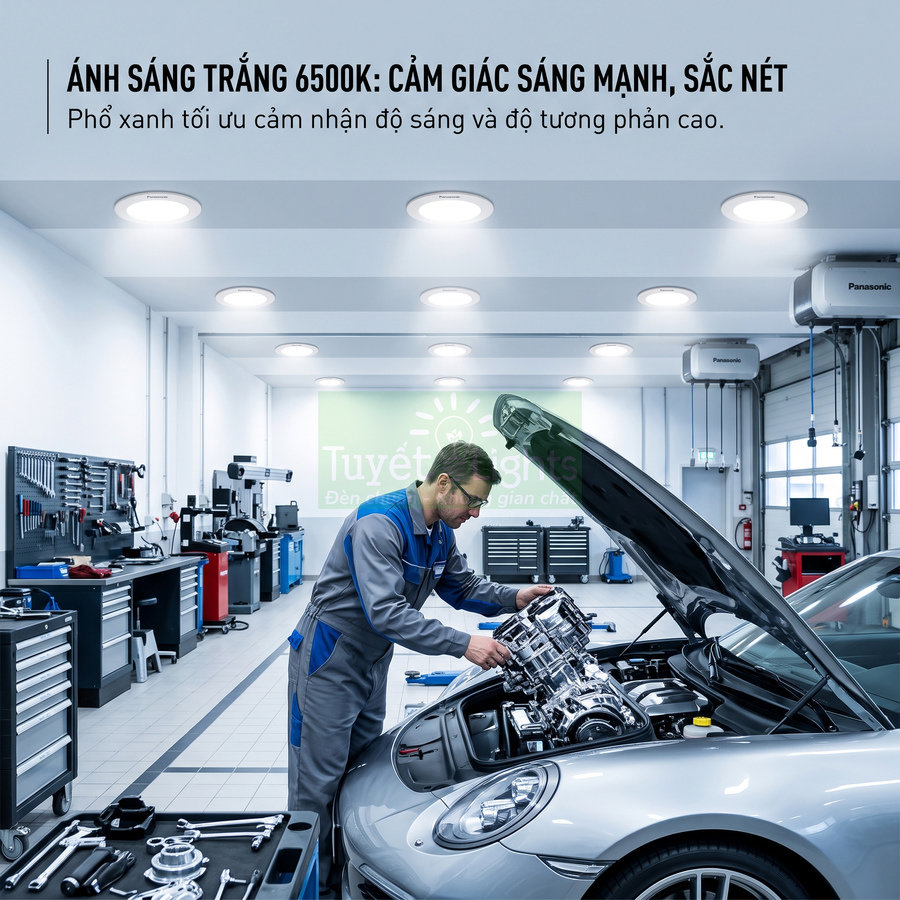 Đèn LED âm trần ánh sáng trắng 6500K chiếu sáng gara ô tô, thợ máy đang sửa động cơ xe hơi