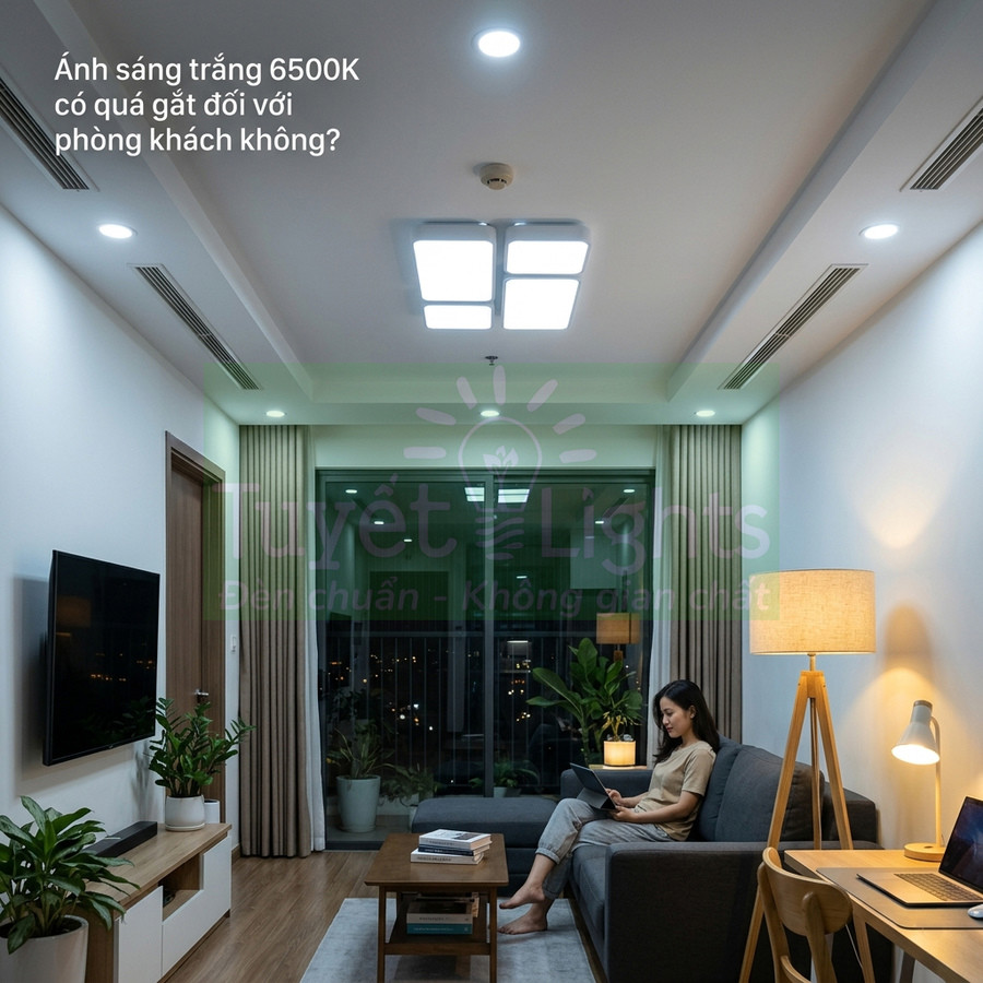 Phòng khách hiện đại sử dụng đèn trần LED ánh sáng trắng 6500K kết hợp đèn cây ánh sáng vàng ấm