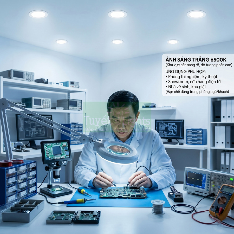 Đèn led âm trần ánh sáng trắng 6500K chiếu sáng phòng thí nghiệm kỹ thuật điện tử