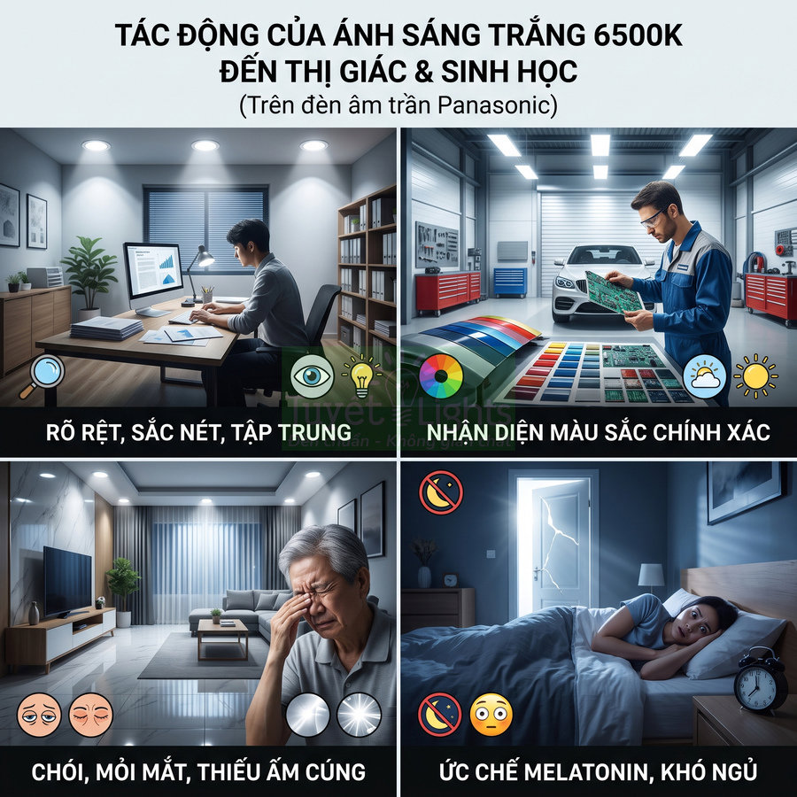 Tác động ánh sáng trắng 6500K của đèn âm trần Panasonic đến thị giác, sinh học và giấc ngủ người dùng