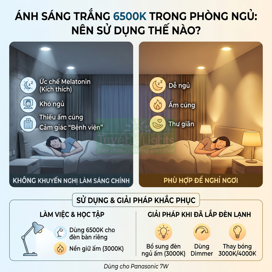So sánh ánh sáng trắng 6500K và ánh sáng vàng 3000K trong phòng ngủ, gợi ý dùng đèn ngủ ấm để dễ ngủ hơn