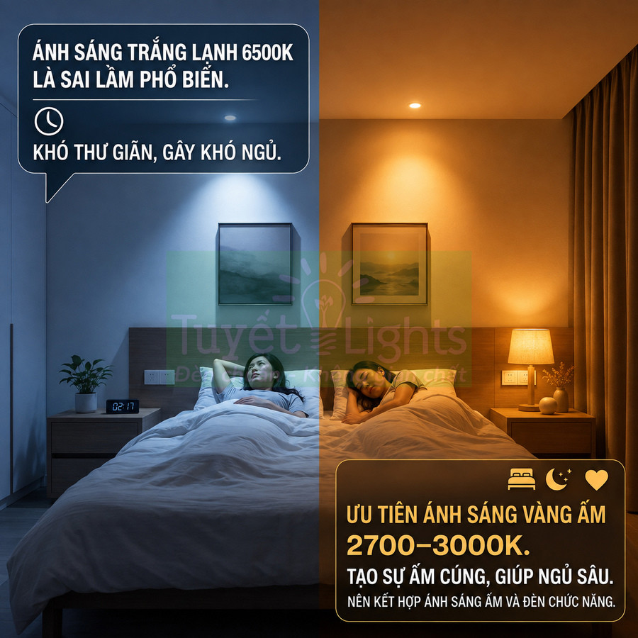 So sánh ánh sáng trắng lạnh 6500K và ánh sáng vàng ấm 2700–3000K trong phòng ngủ giúp dễ ngủ hơn