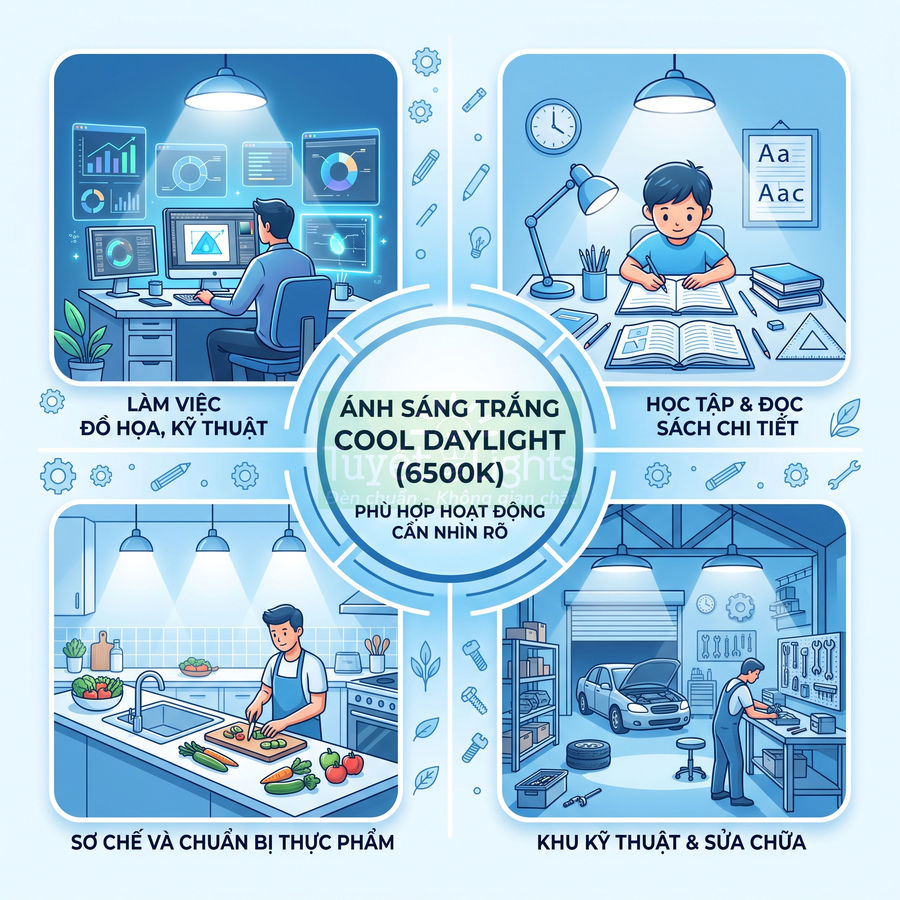 Minh họa ứng dụng đèn LED ánh sáng trắng 6500K cho làm việc, học tập, bếp và khu kỹ thuật sửa chữa