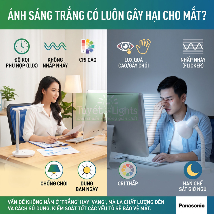 Đèn bàn Panasonic ánh sáng trắng chống chói cho học tập làm việc, so sánh với đèn kém chất lượng gây mỏi mắt