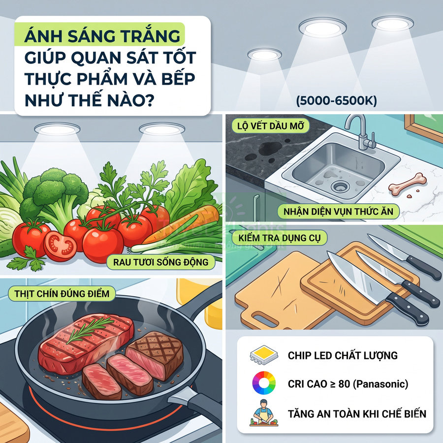 Đèn LED ánh sáng trắng chiếu sáng bếp, giúp quan sát rau củ tươi, thịt chín và dụng cụ nấu ăn rõ ràng