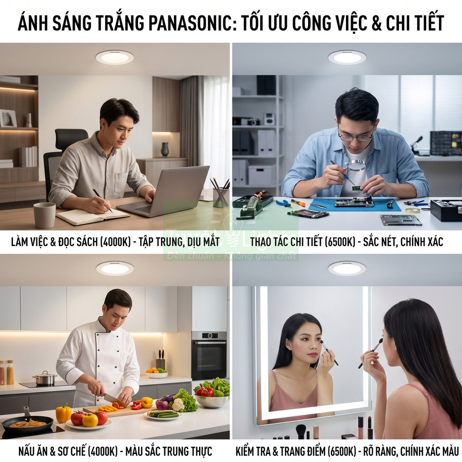 Đèn LED âm trần Panasonic ánh sáng trắng cho làm việc, nấu ăn, sửa chữa chi tiết và soi gương trang điểm