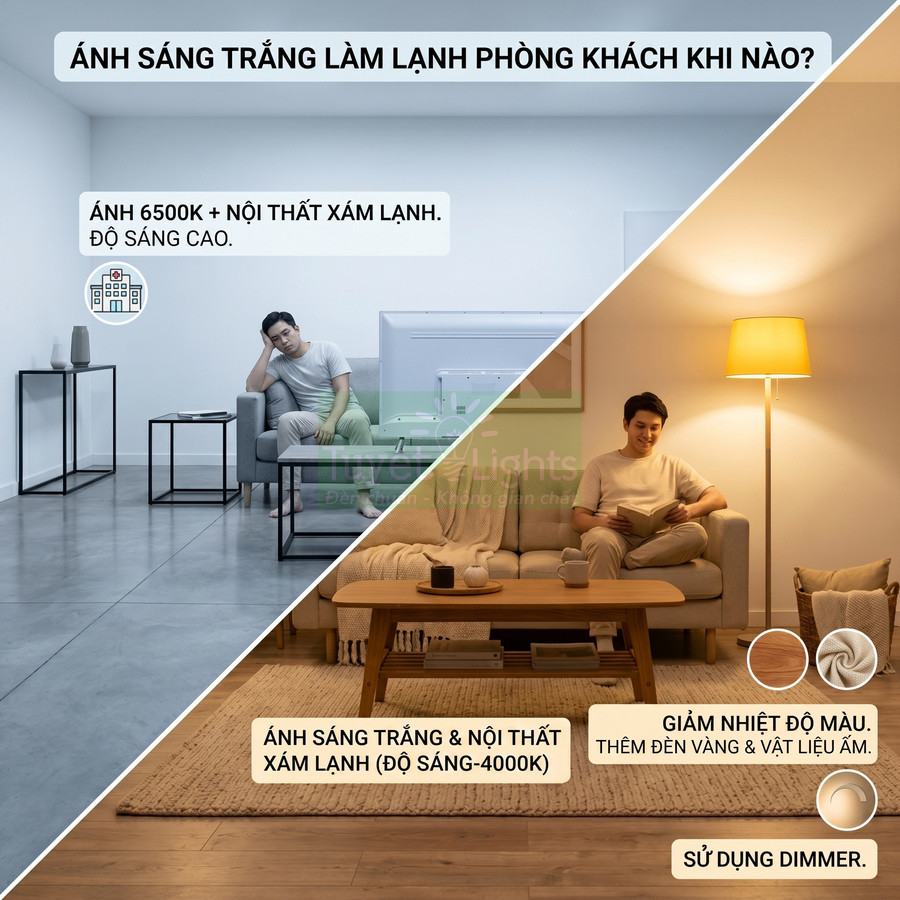 So sánh phòng khách dùng đèn LED ánh sáng trắng 6500K lạnh và đèn vàng ấm có dimmer tạo không gian thư giãn