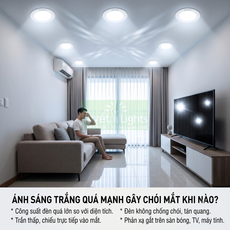 Phòng khách với đèn trần LED ánh sáng trắng quá mạnh gây chói mắt và phản xạ trên màn hình TV