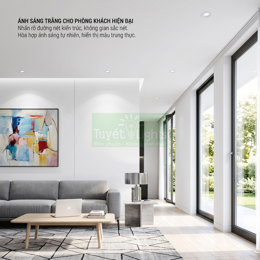 Đèn LED âm trần Tuyết Lights chiếu sáng phòng khách hiện đại với sofa xám và cửa kính lớn