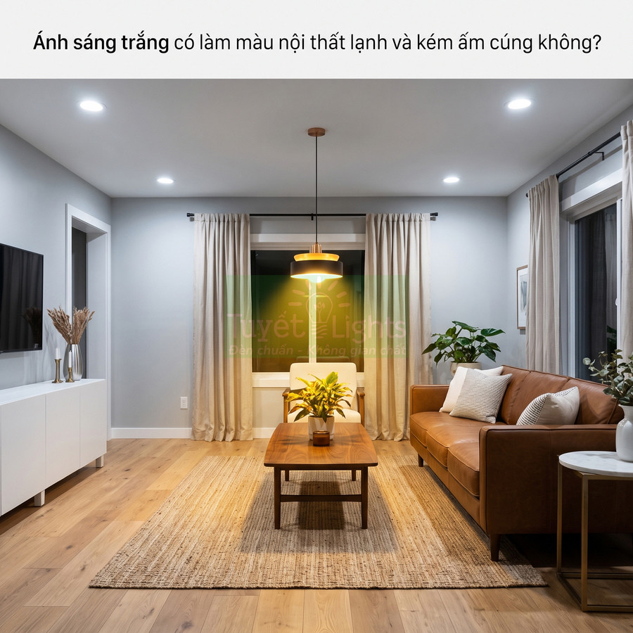 Đèn trần ánh sáng trắng chiếu sáng phòng khách hiện đại với sofa da nâu và bàn gỗ trung tâm