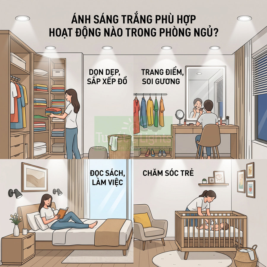 Minh họa phòng ngủ dùng ánh sáng trắng cho dọn dẹp, trang điểm, đọc sách và chăm sóc trẻ