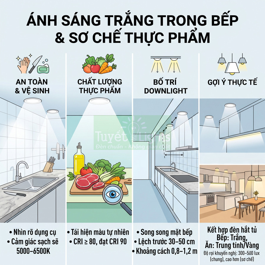 Minh họa bố trí đèn led ánh sáng trắng trong bếp giúp an toàn vệ sinh và làm nổi bật thực phẩm khi sơ chế