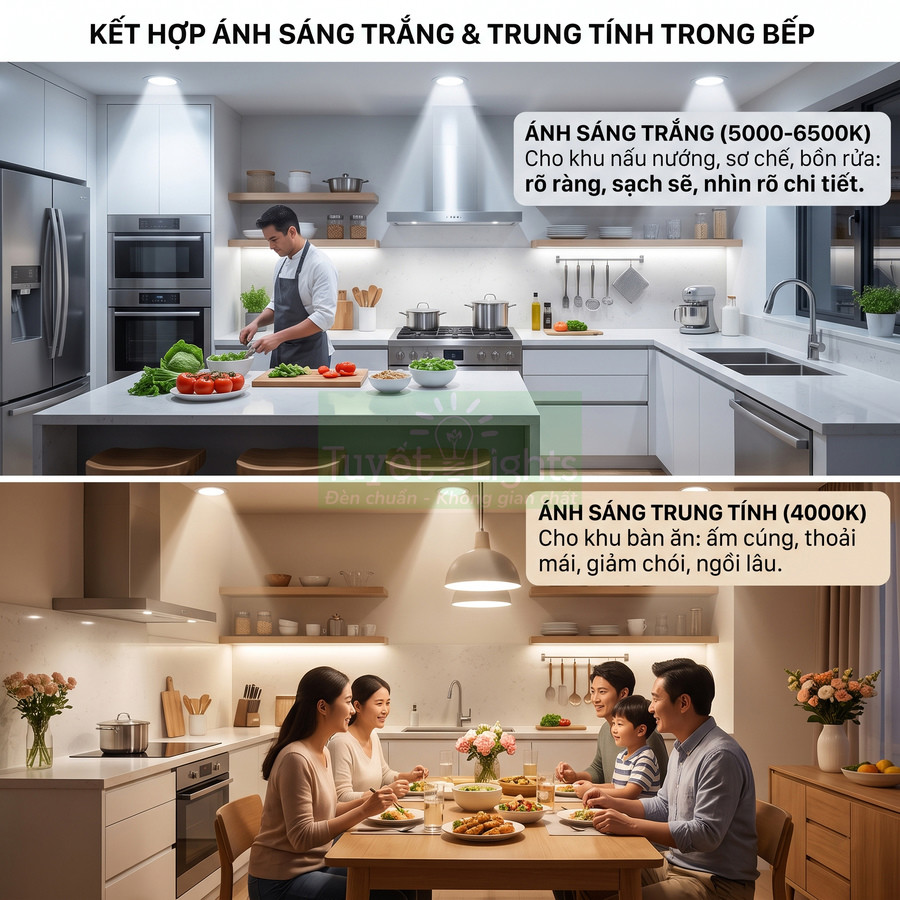 Đèn LED ánh sáng trắng và trung tính chiếu sáng khu bếp và bàn ăn gia đình hiện đại, tạo không gian rõ nét và ấm cúng