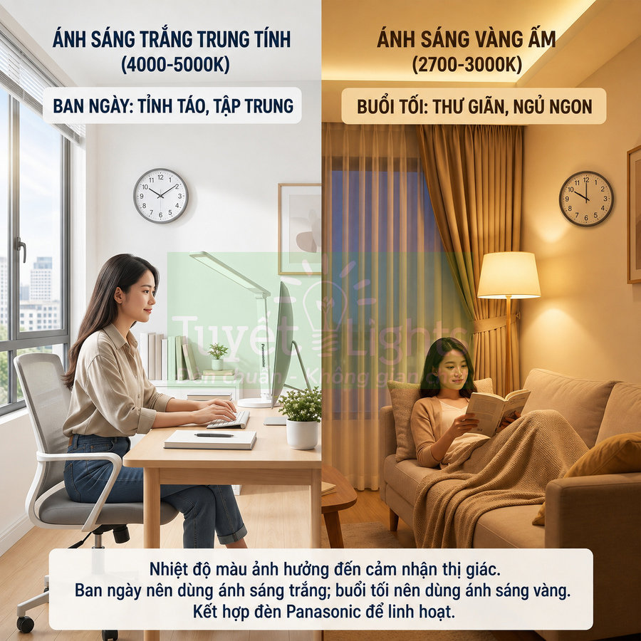 So sánh ánh sáng trắng trung tính và ánh sáng vàng ấm của đèn Panasonic cho làm việc và thư giãn
