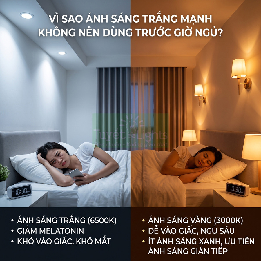 So sánh phòng ngủ dùng đèn ánh sáng trắng 6500K gây khó ngủ và đèn ánh sáng vàng 3000K giúp ngủ ngon