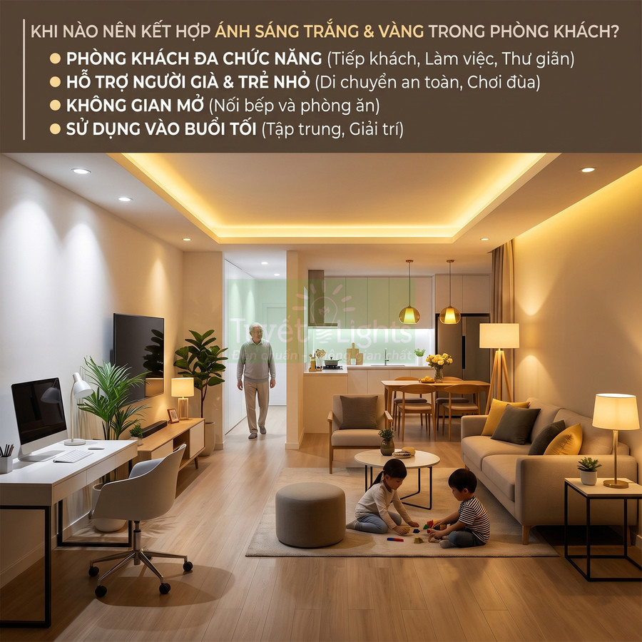 Phòng khách hiện đại dùng kết hợp đèn trần ánh sáng trắng và vàng, có bàn làm việc, sofa và khu vui chơi cho trẻ em