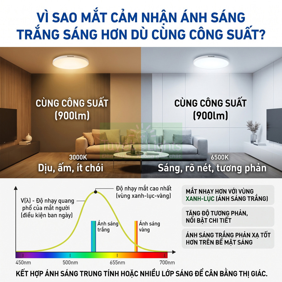 So sánh đèn trần ánh sáng vàng 3000K và ánh sáng trắng 6500K cùng công suất 900lm trong phòng khách